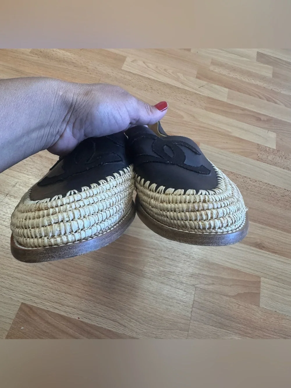 Chanel black lamb leather espadrilles interlocking logo loafers size 41/10-10.5